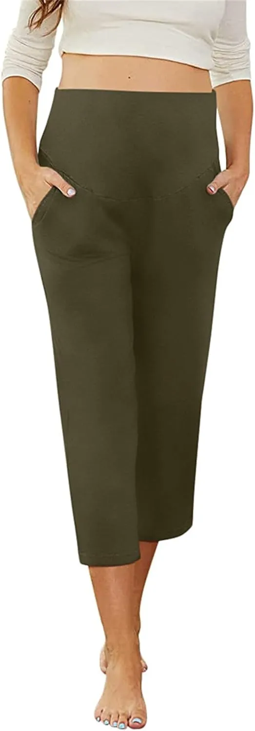 Maternity Capris Leggings for Women High Waist Capri Pants with Pockets Casual Stretchy Comfy Lounge Yoga Leggings