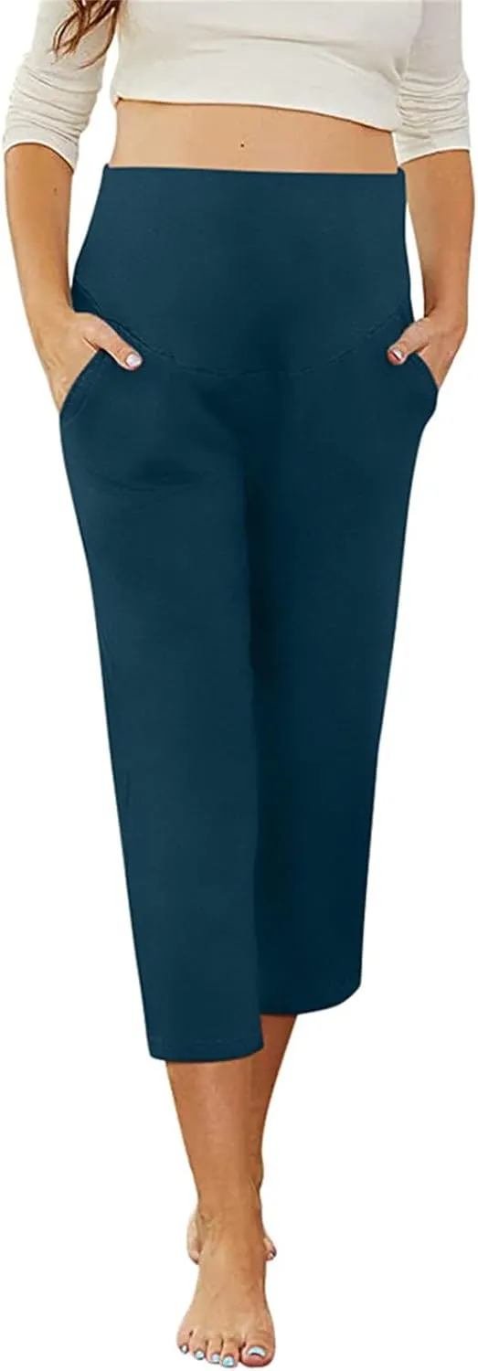 Maternity Capris Leggings for Women High Waist Capri Pants with Pockets Casual Stretchy Comfy Lounge Yoga Leggings