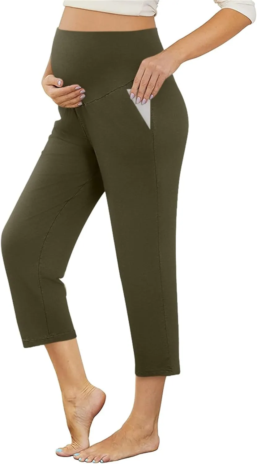 Maternity Capris Leggings for Women High Waist Capri Pants with Pockets Casual Stretchy Comfy Lounge Yoga Leggings