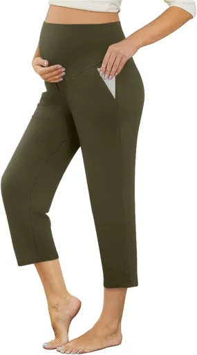 Maternity Capris Leggings for Women High Waist Capri Pants with Pockets Casual Stretchy Comfy Lounge Yoga Leggings
