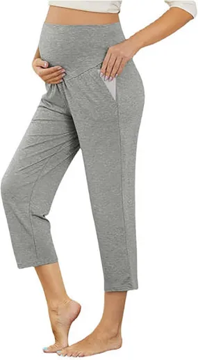 Maternity Capris Leggings for Women High Waist Capri Pants with Pockets Casual Stretchy Comfy Lounge Yoga Leggings