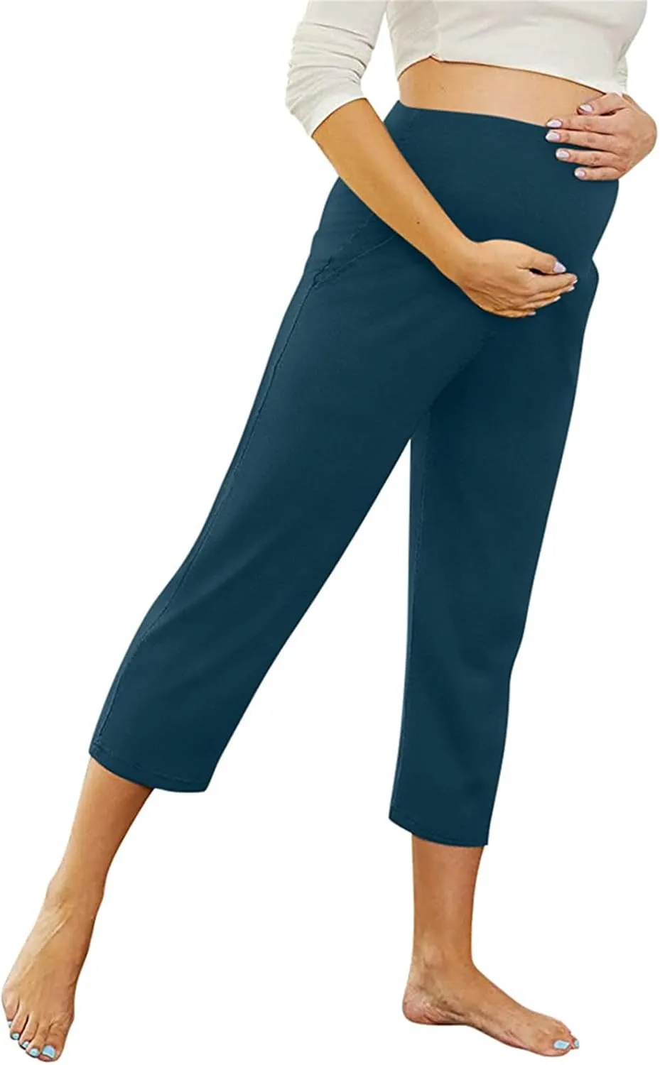 Maternity Capris Leggings for Women High Waist Capri Pants with Pockets Casual Stretchy Comfy Lounge Yoga Leggings