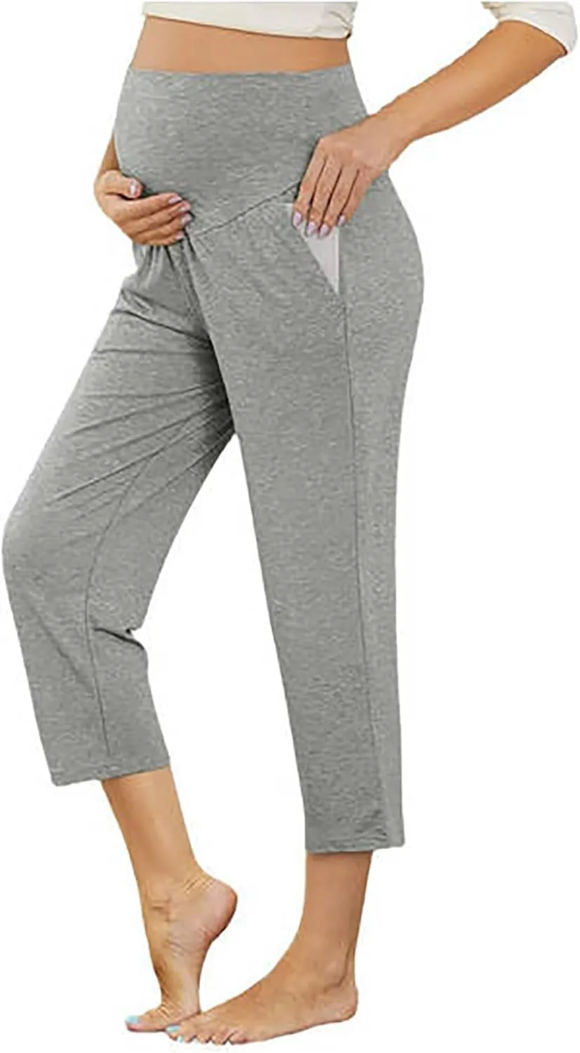Maternity Capris Leggings for Women High Waist Capri Pants with Pockets Casual Stretchy Comfy Lounge Yoga Leggings