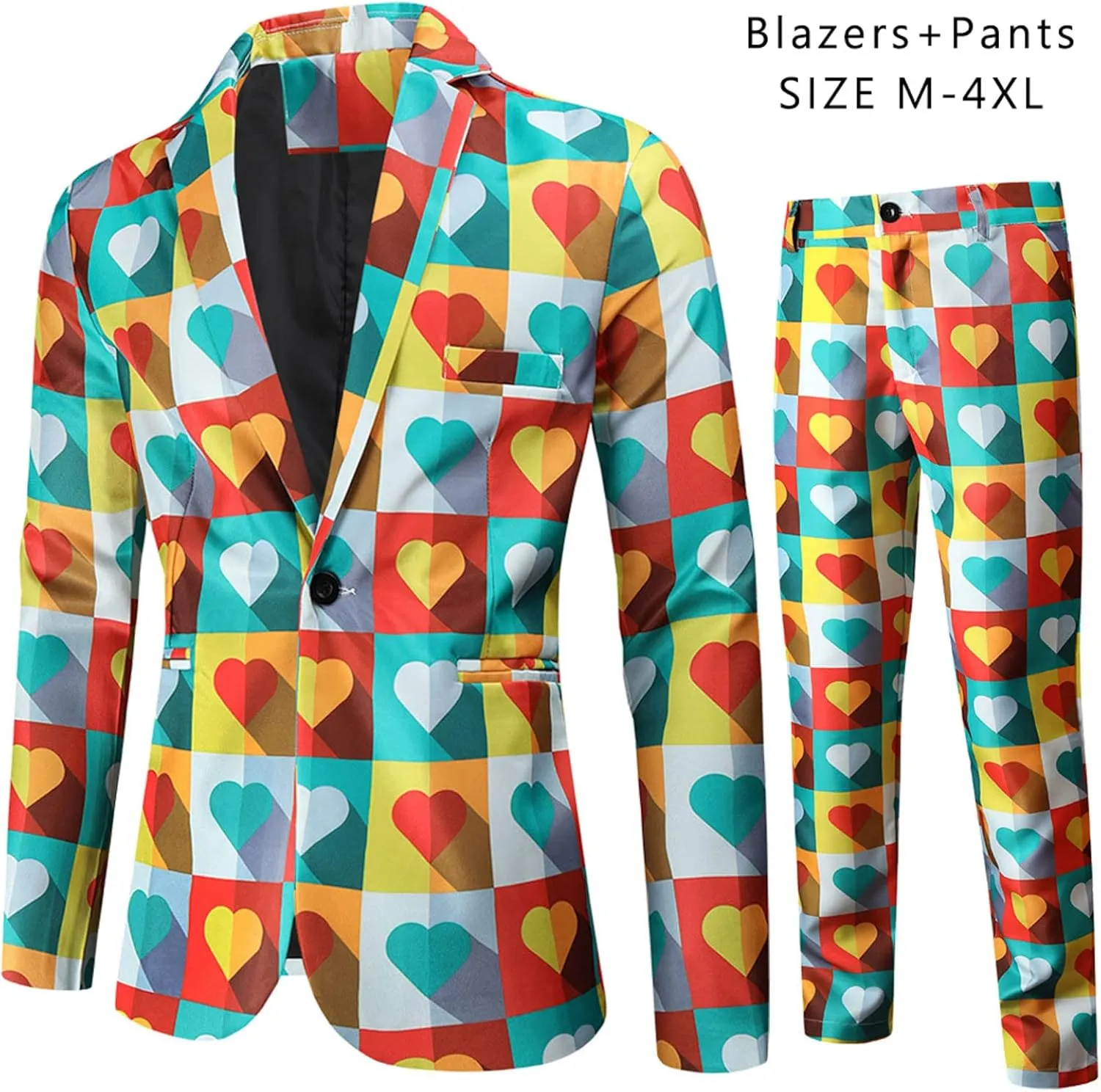 Mens 2 Piece Slim Fit Suit Set, Printed One Button Blazer Jacket Pants Dress Business Wedding Party Jacket Pant Sets