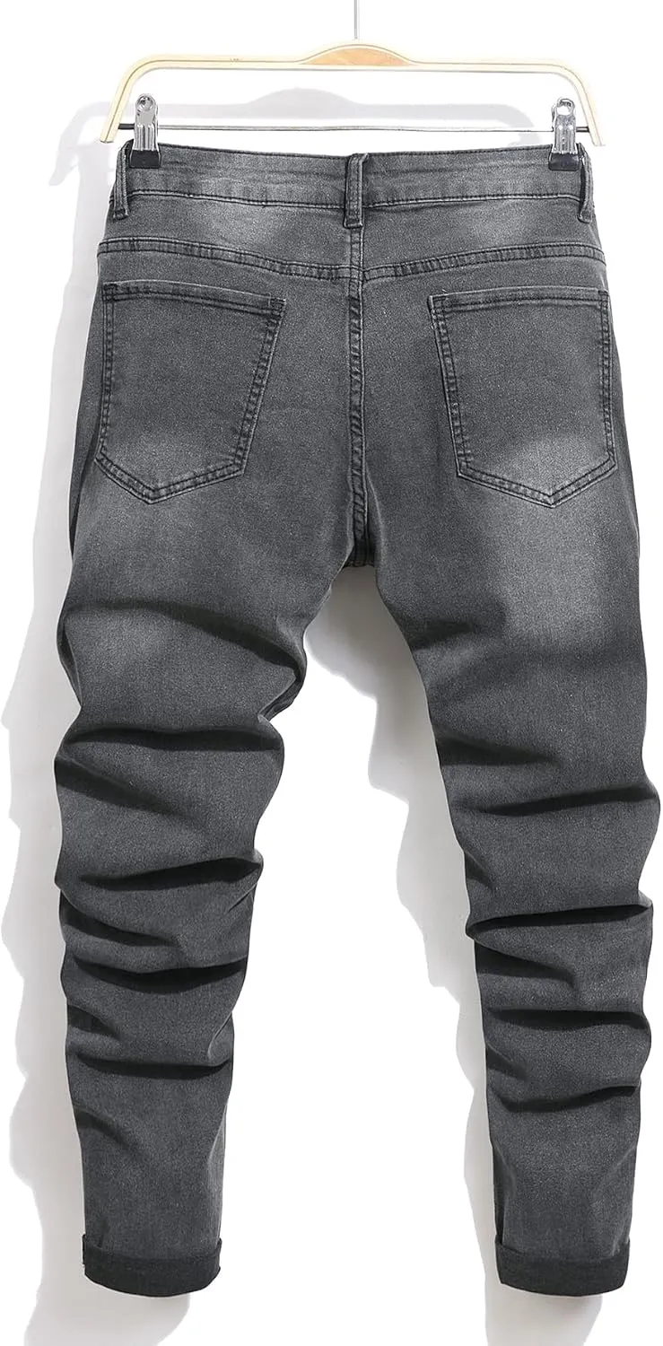 Mens Womens Lightweight Slim Fit Stretch Ripped Jeans Summer Spring Distressed Destroyed Denim Pan Skinny Jeans