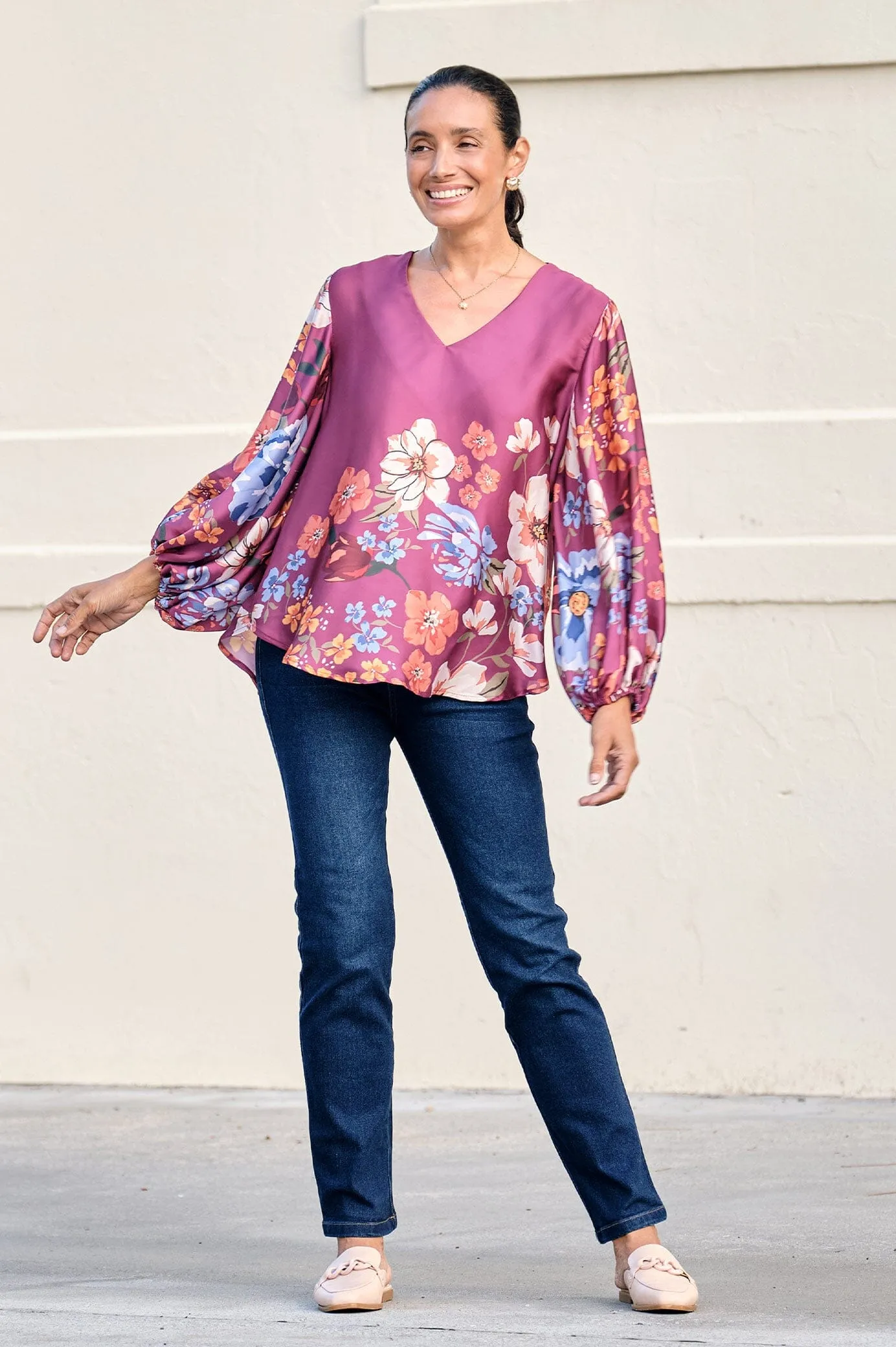 Milena V-Neck Long Sleeve Top Burgundy