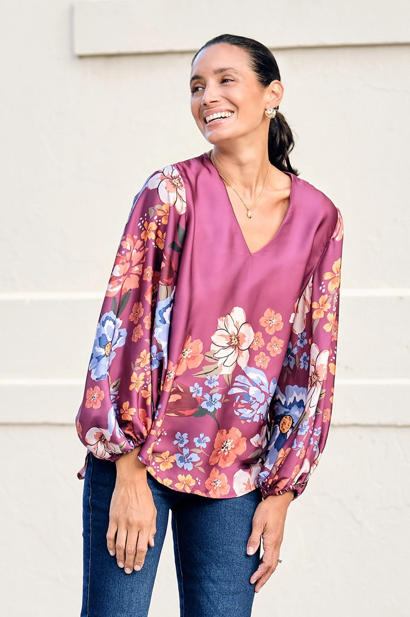 Milena V-Neck Long Sleeve Top Burgundy