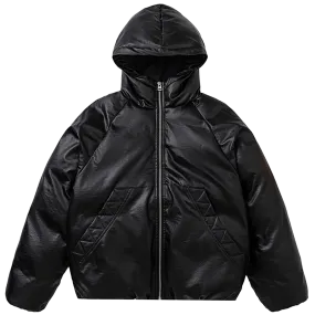 Minimalist Faux Leather Hooded Puffer Jacket