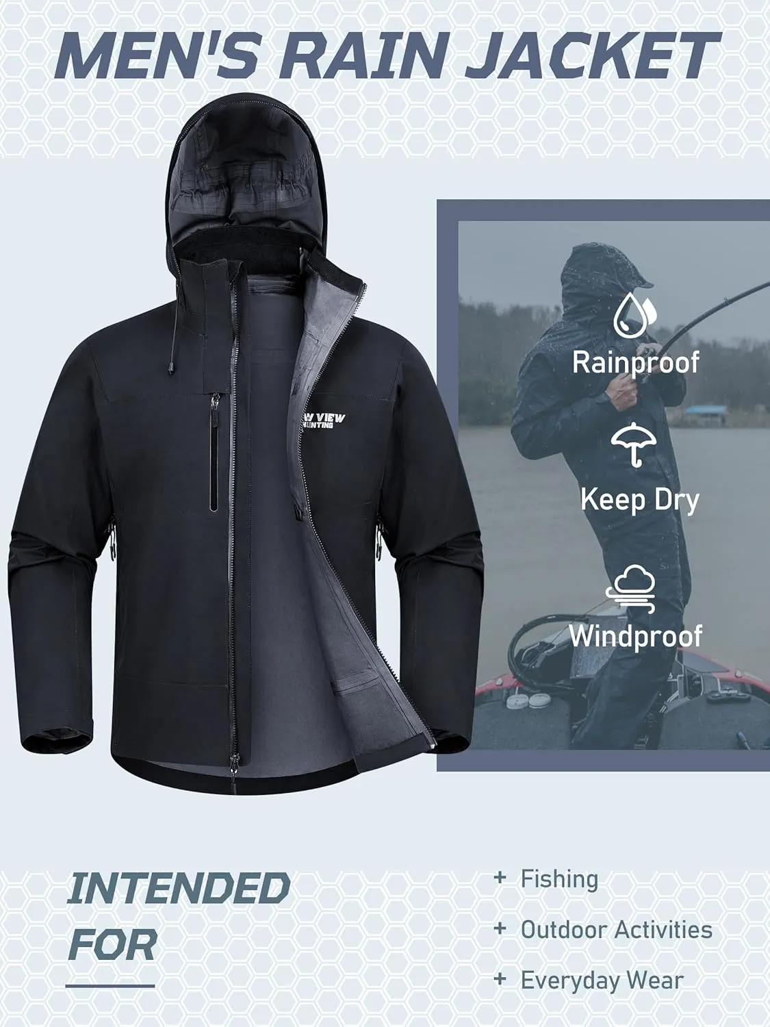 NEW VIEW Men's Lightweight Rain Jacket Waterproof with Hood, Storm Shell Stretch Rain Coat for Tri Weather Hiking,Travel,Golf