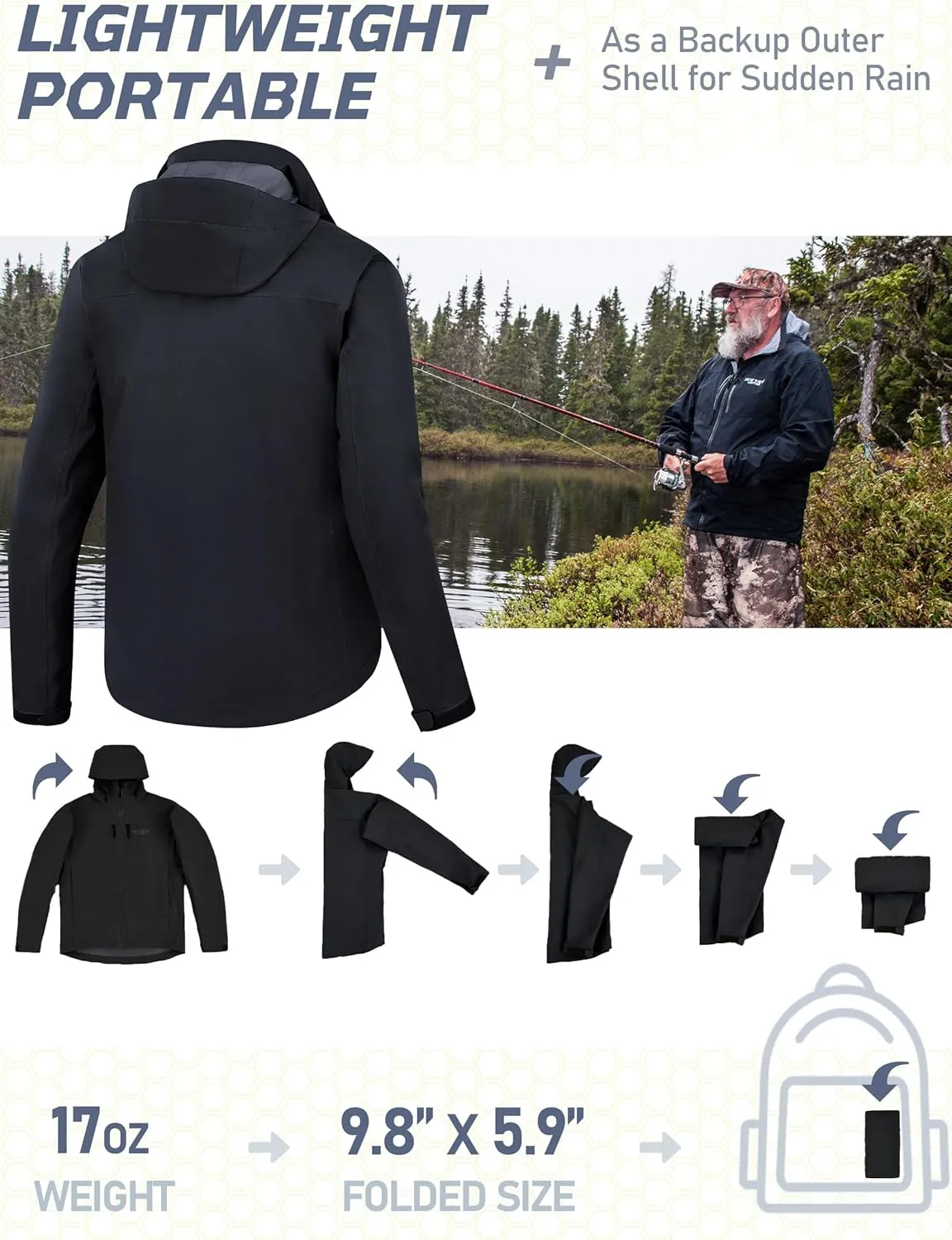 NEW VIEW Men's Lightweight Rain Jacket Waterproof with Hood, Storm Shell Stretch Rain Coat for Tri Weather Hiking,Travel,Golf