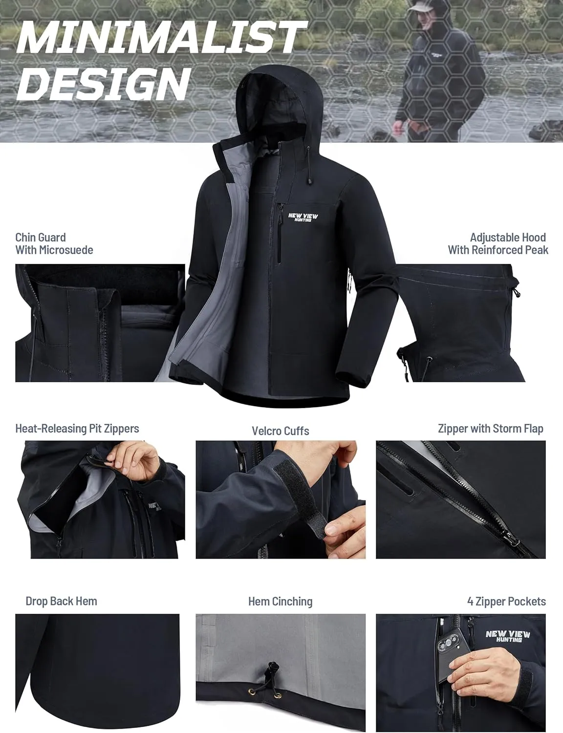 NEW VIEW Men's Lightweight Rain Jacket Waterproof with Hood, Storm Shell Stretch Rain Coat for Tri Weather Hiking,Travel,Golf