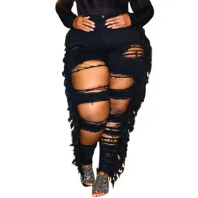 Plus-size Women's Distressed Pencil Jeans Black Skinny Jeans