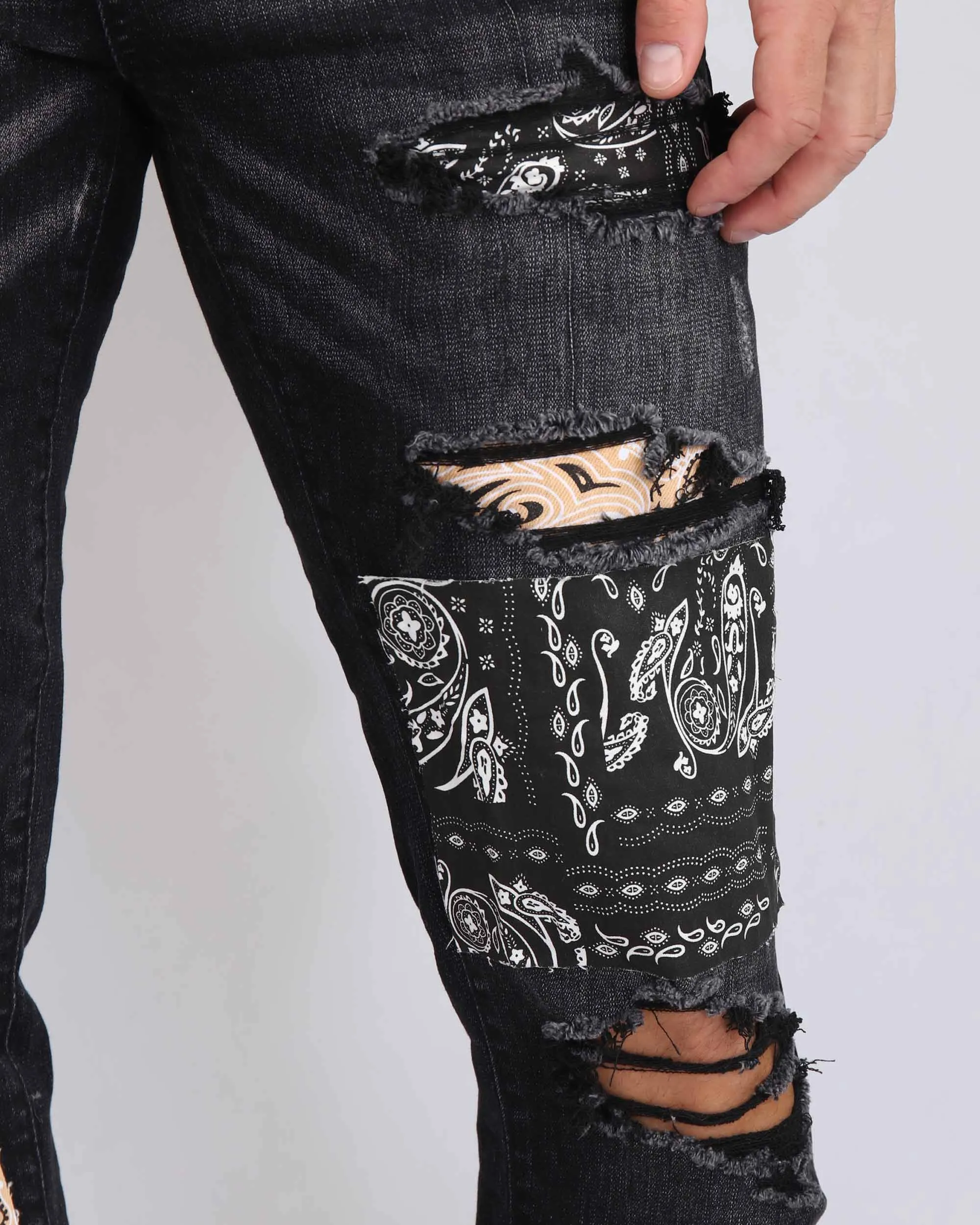 Ripped Black Jeans with Orange & Black Cashew Flowers Patch-Mexico Local Delivery