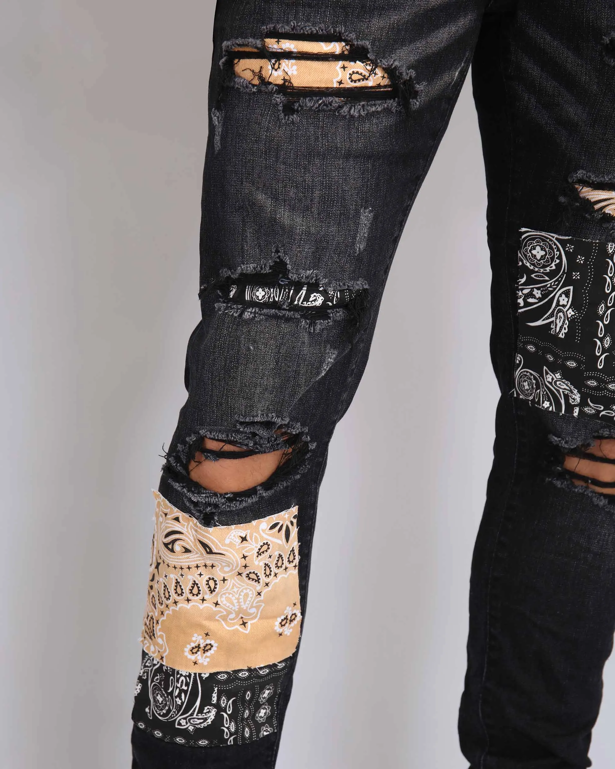 Ripped Black Jeans with Orange & Black Cashew Flowers Patch-Mexico Local Delivery