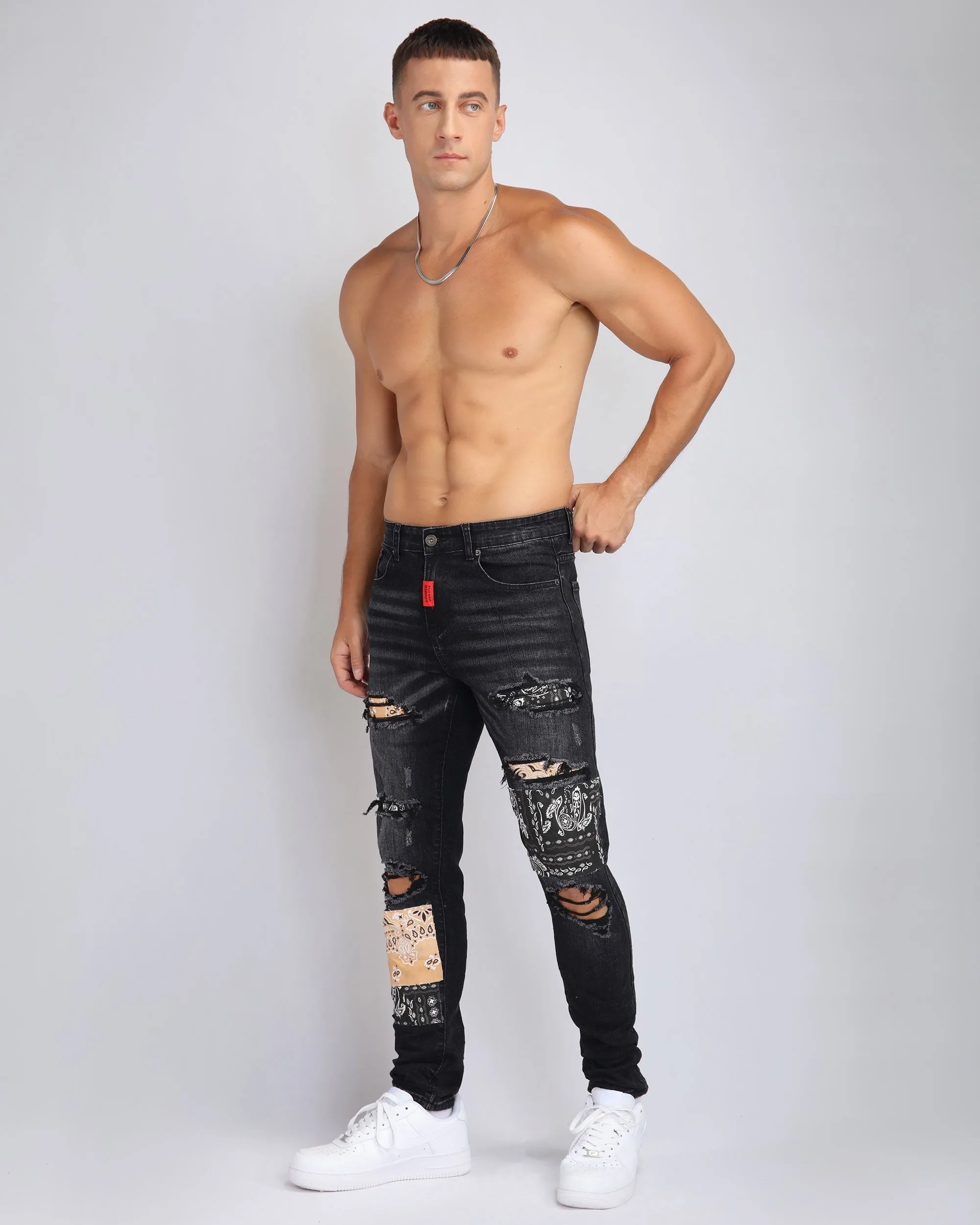 Ripped Black Jeans with Orange & Black Cashew Flowers Patch-Mexico Local Delivery