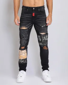 Ripped Black Jeans with Orange & Black Cashew Flowers Patch-Mexico Local Delivery