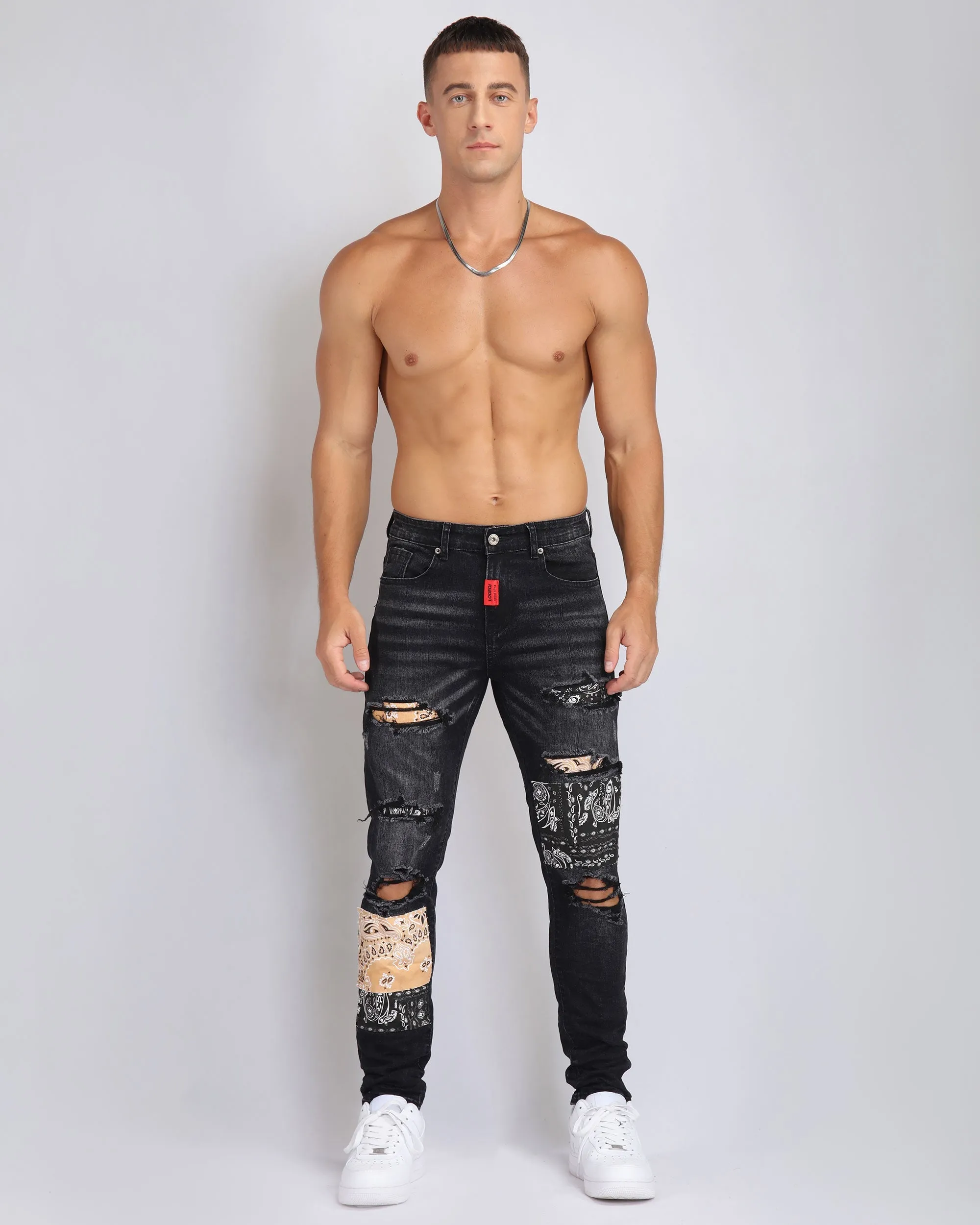 Ripped Black Jeans with Orange & Black Cashew Flowers Patch-Mexico Local Delivery