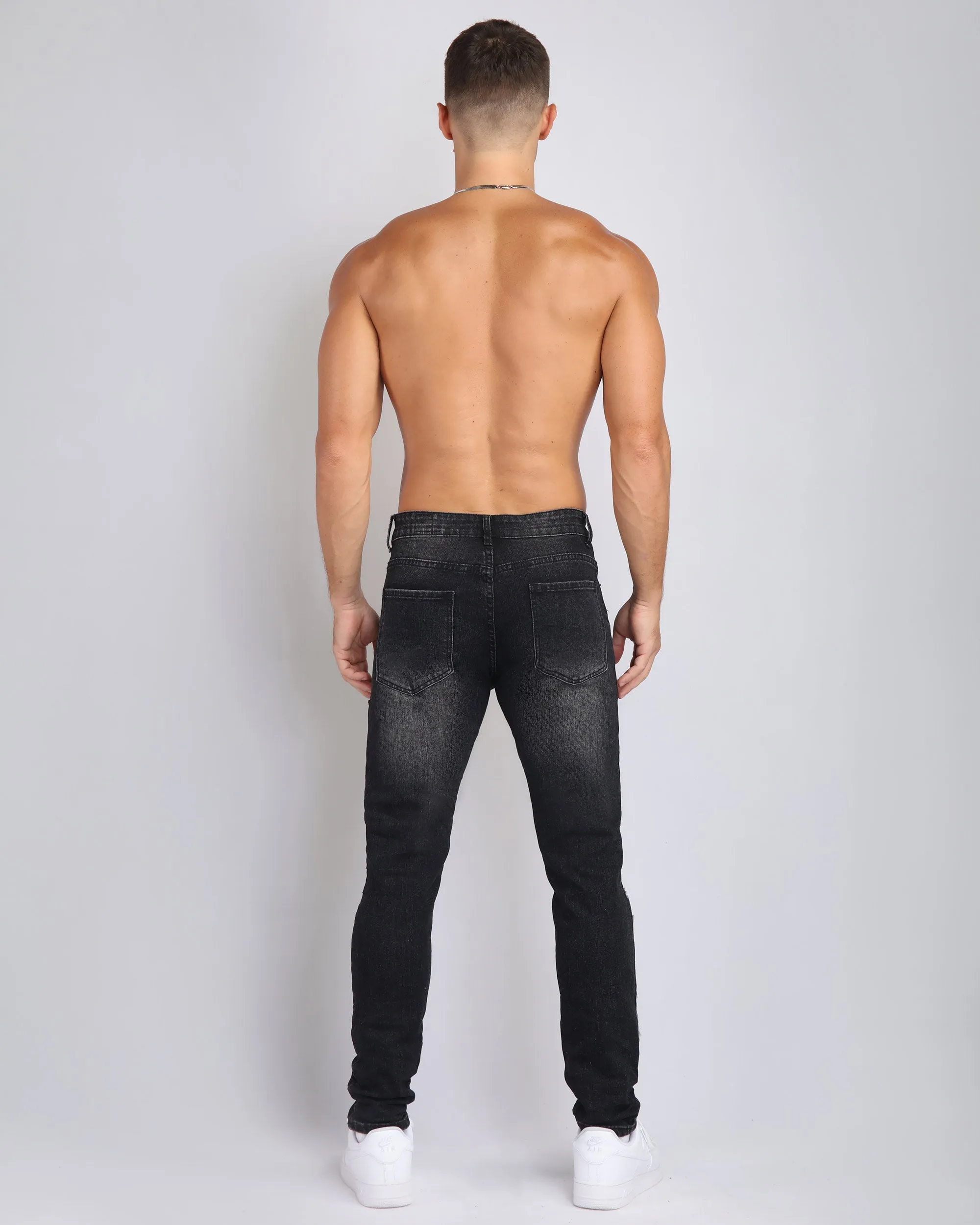 Ripped Black Jeans with Orange & Black Cashew Flowers Patch-Mexico Local Delivery