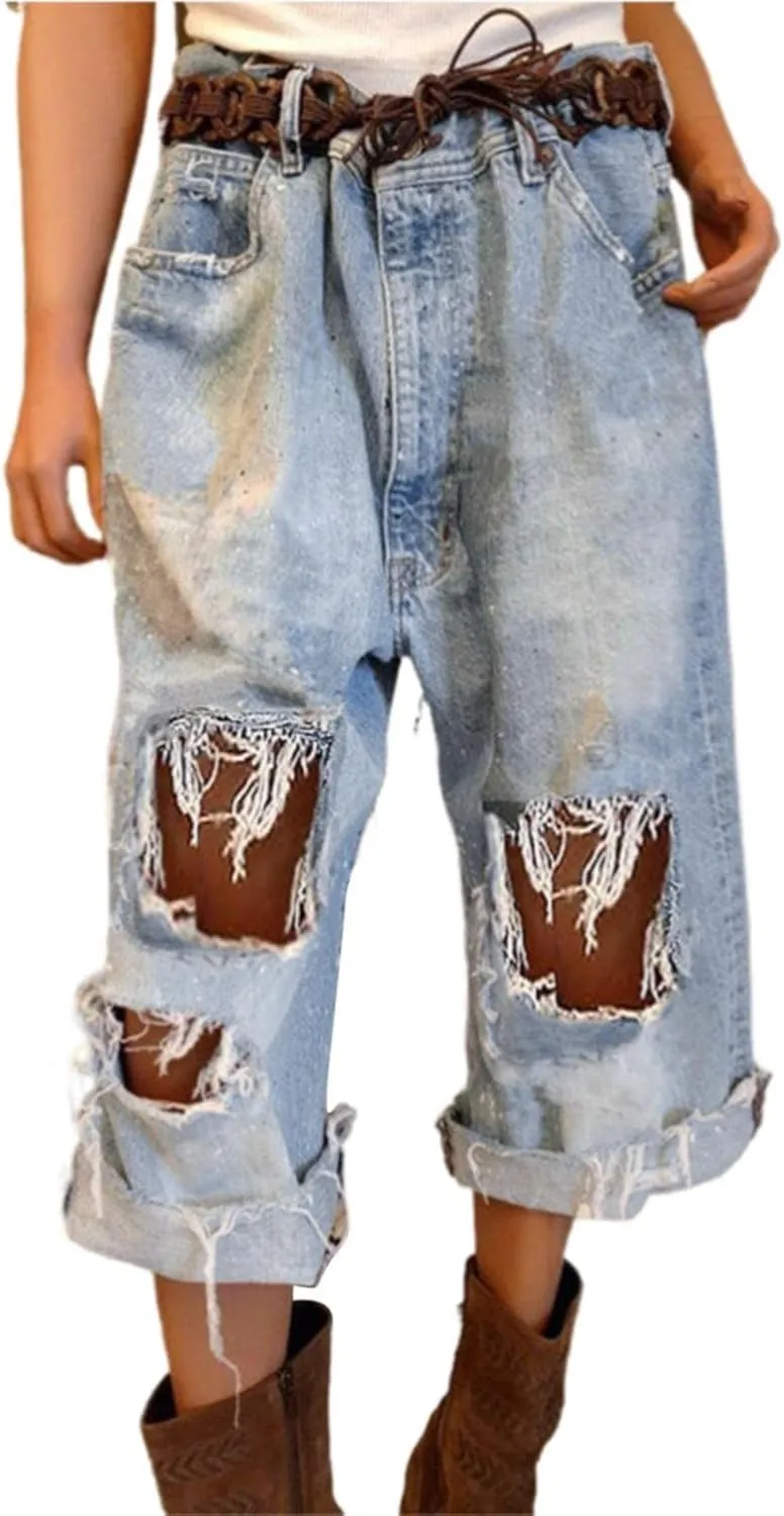 Ripped Jeans Womens Cropped Denim Pants Stretchy Baggy Casual Distressed Frayed Raw Hem Y2k Western Jeans for Women