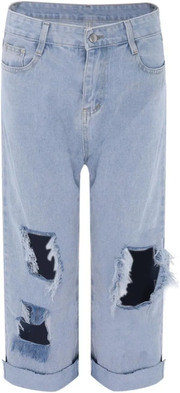 Ripped Jeans Womens Cropped Denim Pants Stretchy Baggy Casual Distressed Frayed Raw Hem Y2k Western Jeans for Women