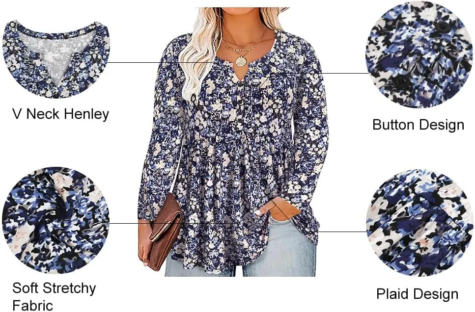 RITERA Plus Size Long Sleeve Tunic Tops for Women Henley V Neck T-Shirt V Neck Casual Blouses Fall Winter Halloween Christmas