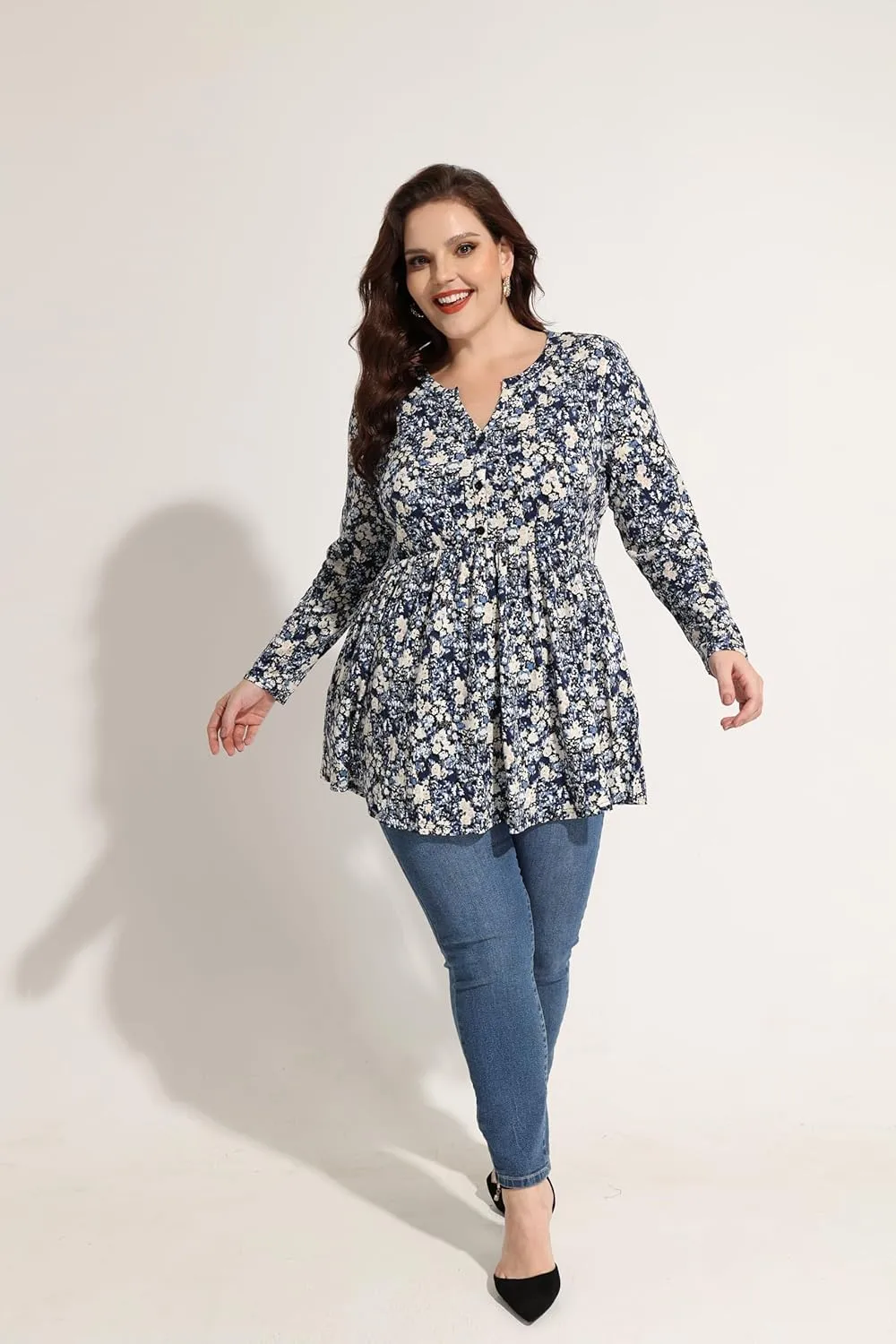 RITERA Plus Size Long Sleeve Tunic Tops for Women Henley V Neck T-Shirt V Neck Casual Blouses Fall Winter Halloween Christmas