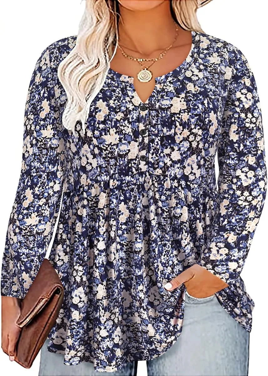 RITERA Plus Size Long Sleeve Tunic Tops for Women Henley V Neck T-Shirt V Neck Casual Blouses Fall Winter Halloween Christmas
