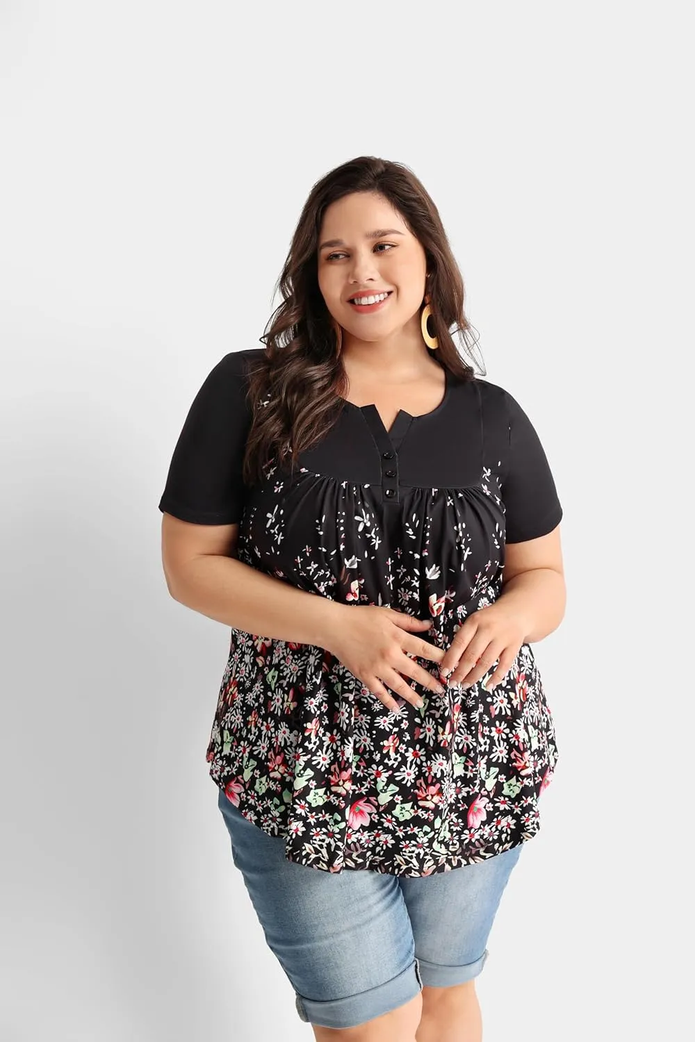 RITERA Women’s Plus Size Casual Tops V Round Neck Tshirts Blouse for Women Girls Basic Summer Black Tops Solid Color XL 5XL