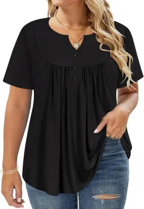 RITERA Women’s Plus Size Casual Tops V Round Neck Tshirts Blouse for Women Girls Basic Summer Black Tops Solid Color XL 5XL