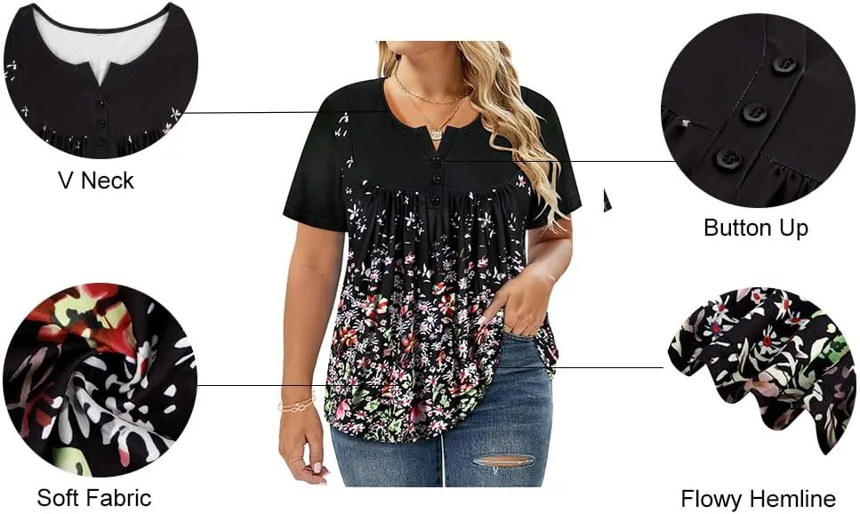 RITERA Women’s Plus Size Casual Tops V Round Neck Tshirts Blouse for Women Girls Basic Summer Black Tops Solid Color XL 5XL