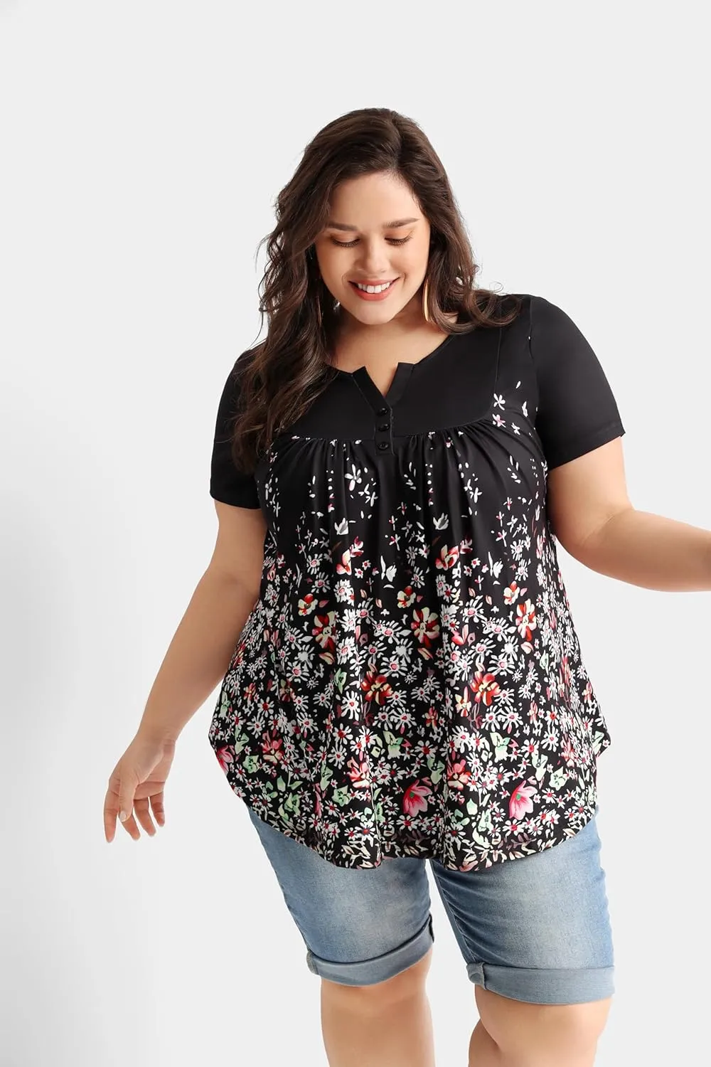 RITERA Women’s Plus Size Casual Tops V Round Neck Tshirts Blouse for Women Girls Basic Summer Black Tops Solid Color XL 5XL