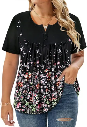 RITERA Women’s Plus Size Casual Tops V Round Neck Tshirts Blouse for Women Girls Basic Summer Black Tops Solid Color XL 5XL