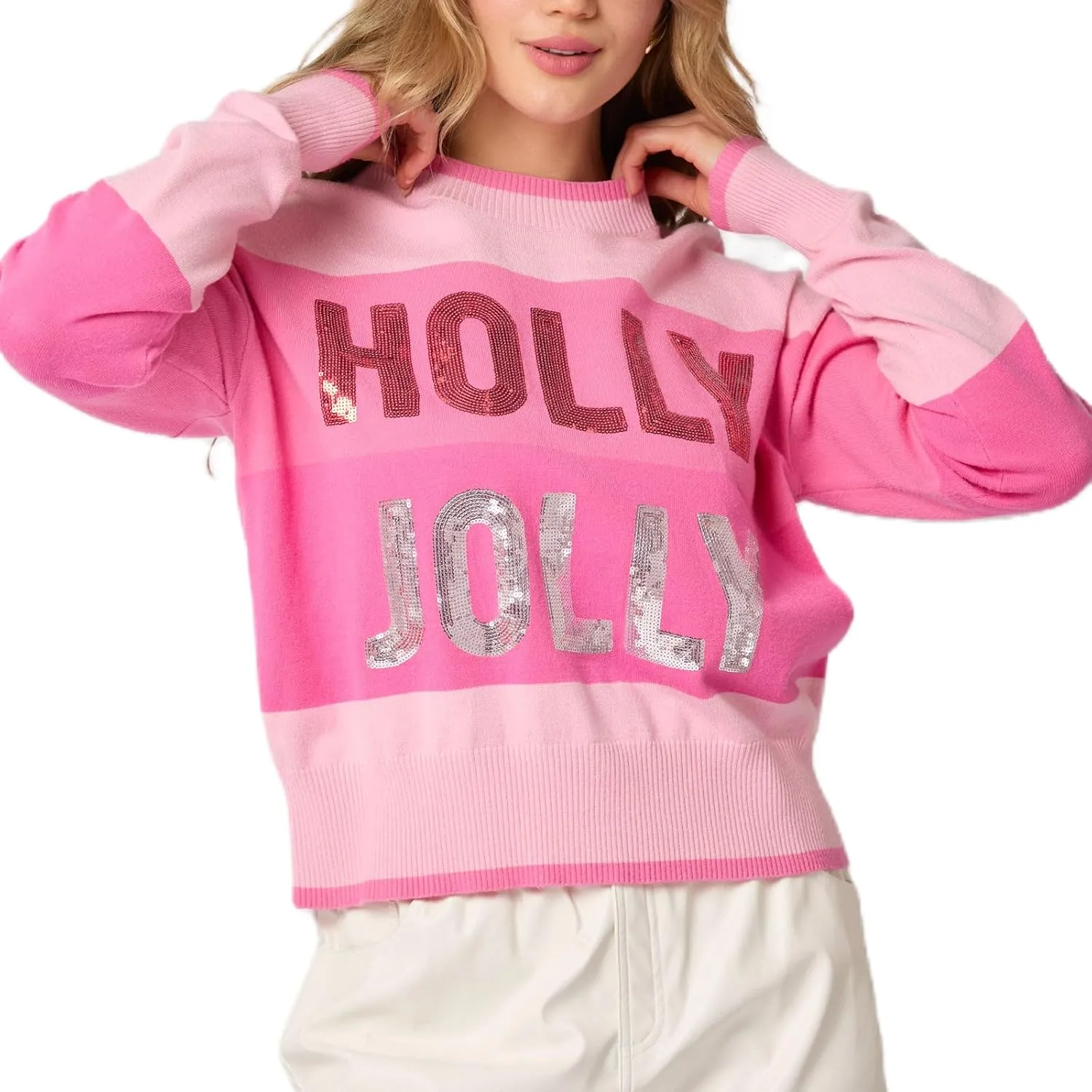 Sequin Christmas Sweater for Women Color Block Christmas Sweater Merry Holiday Knitted Pullover Tops