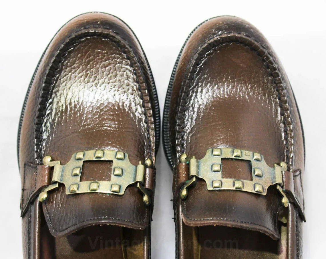 Size 13.5 Boys Shoes - Authentic 1960s Brown Leather Loafers - Child Size Boy's 13 1/2 D - Chunky Mod Buckle - Preppy NOS Deadstock in Box