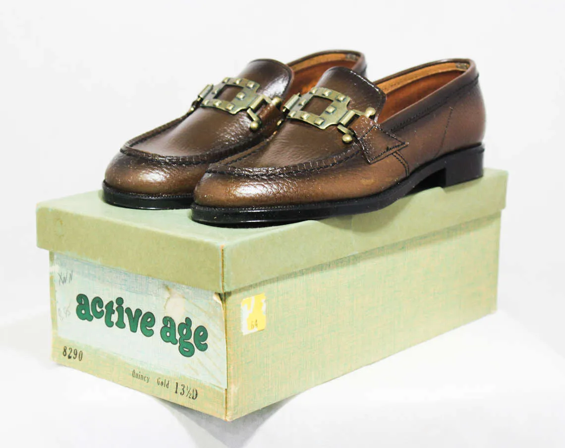 Size 13.5 Boys Shoes - Authentic 1960s Brown Leather Loafers - Child Size Boy's 13 1/2 D - Chunky Mod Buckle - Preppy NOS Deadstock in Box