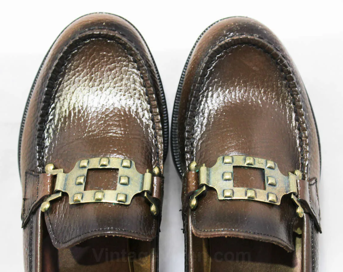 Size 3 Boys Shoes - Authentic 1960s Brown Leather Loafers - Child Size Boy's 3D - Chunky Mod Buckle - Preppy NOS Deadstock in Box NIB