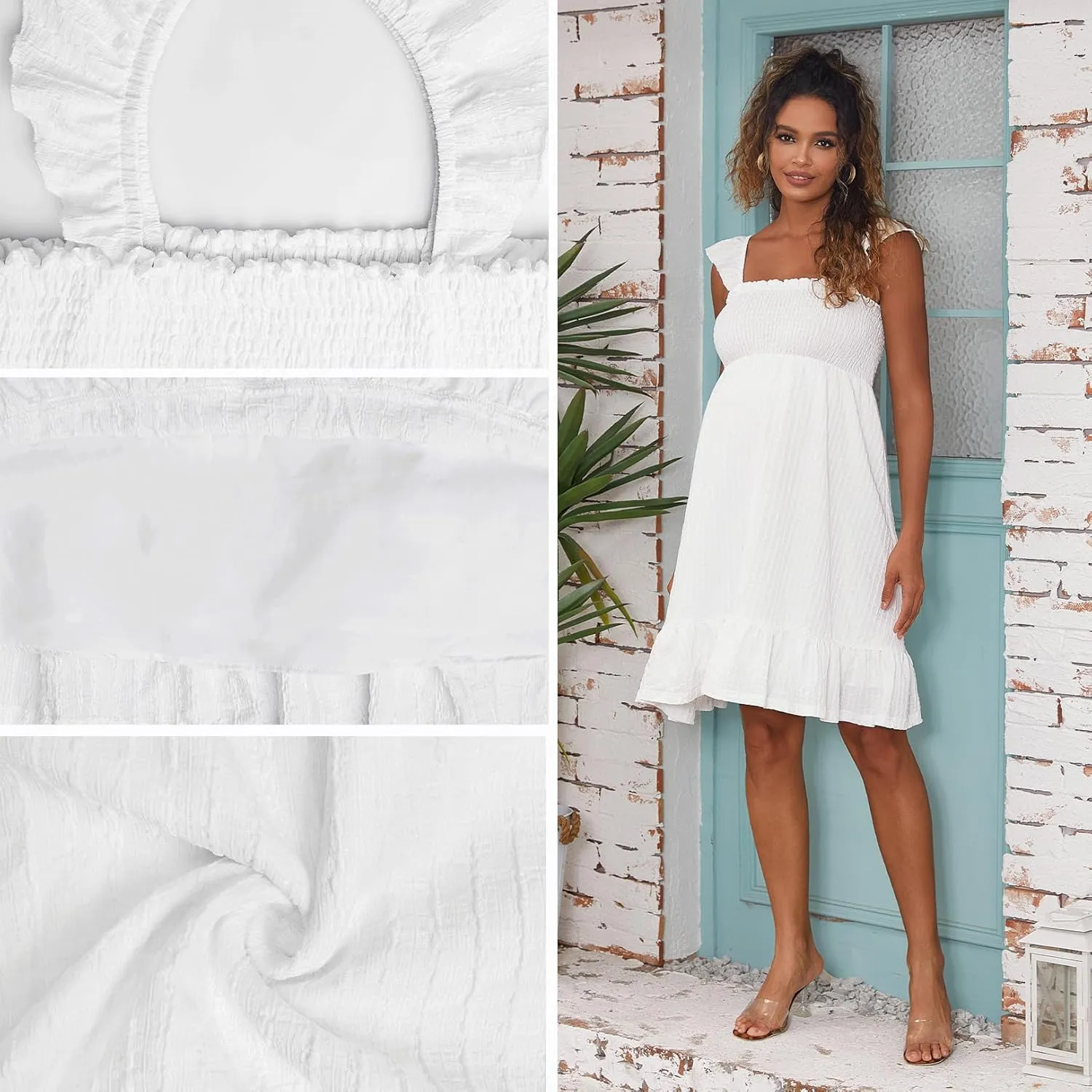 Sleeveless Maternity Dress Ruffled Shoulder Strappy Loose Smocked Pregnant Dress Summer
