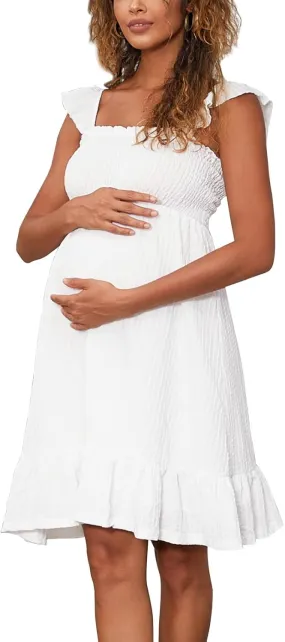 Sleeveless Maternity Dress Ruffled Shoulder Strappy Loose Smocked Pregnant Dress Summer