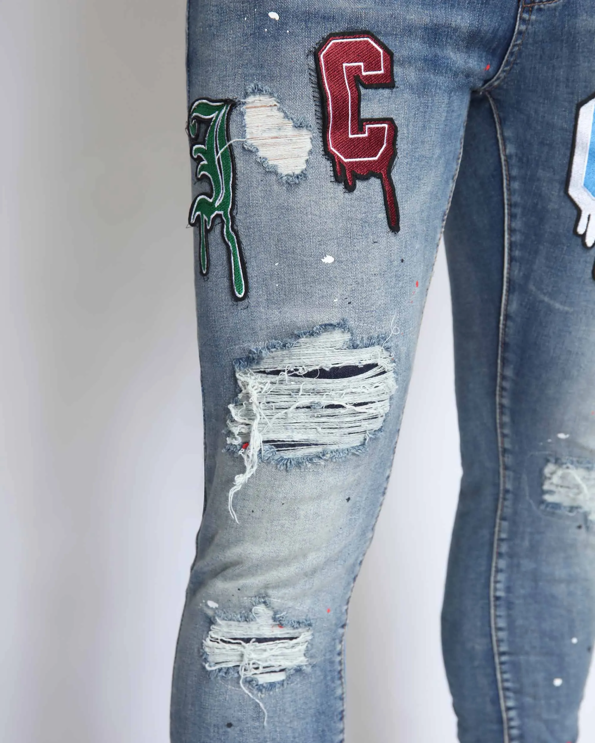 Slim Fit Blue Ripped Jeans with Patches-Mexico Local Delivery