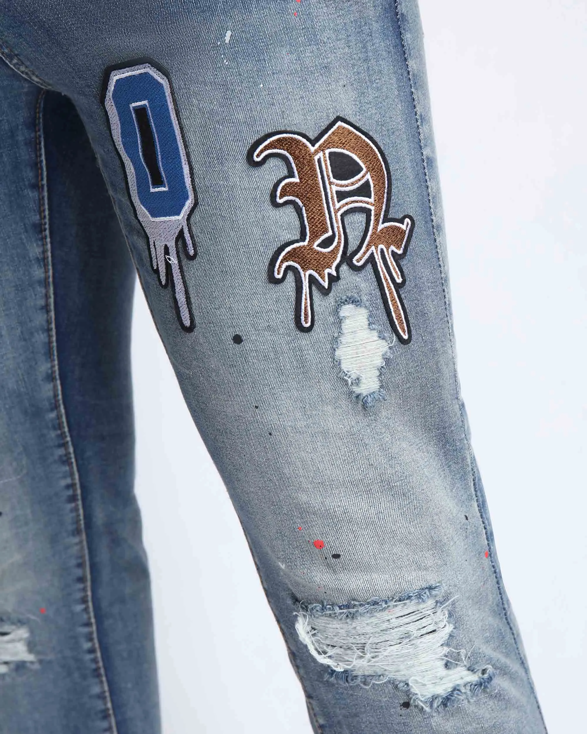 Slim Fit Blue Ripped Jeans with Patches-Mexico Local Delivery