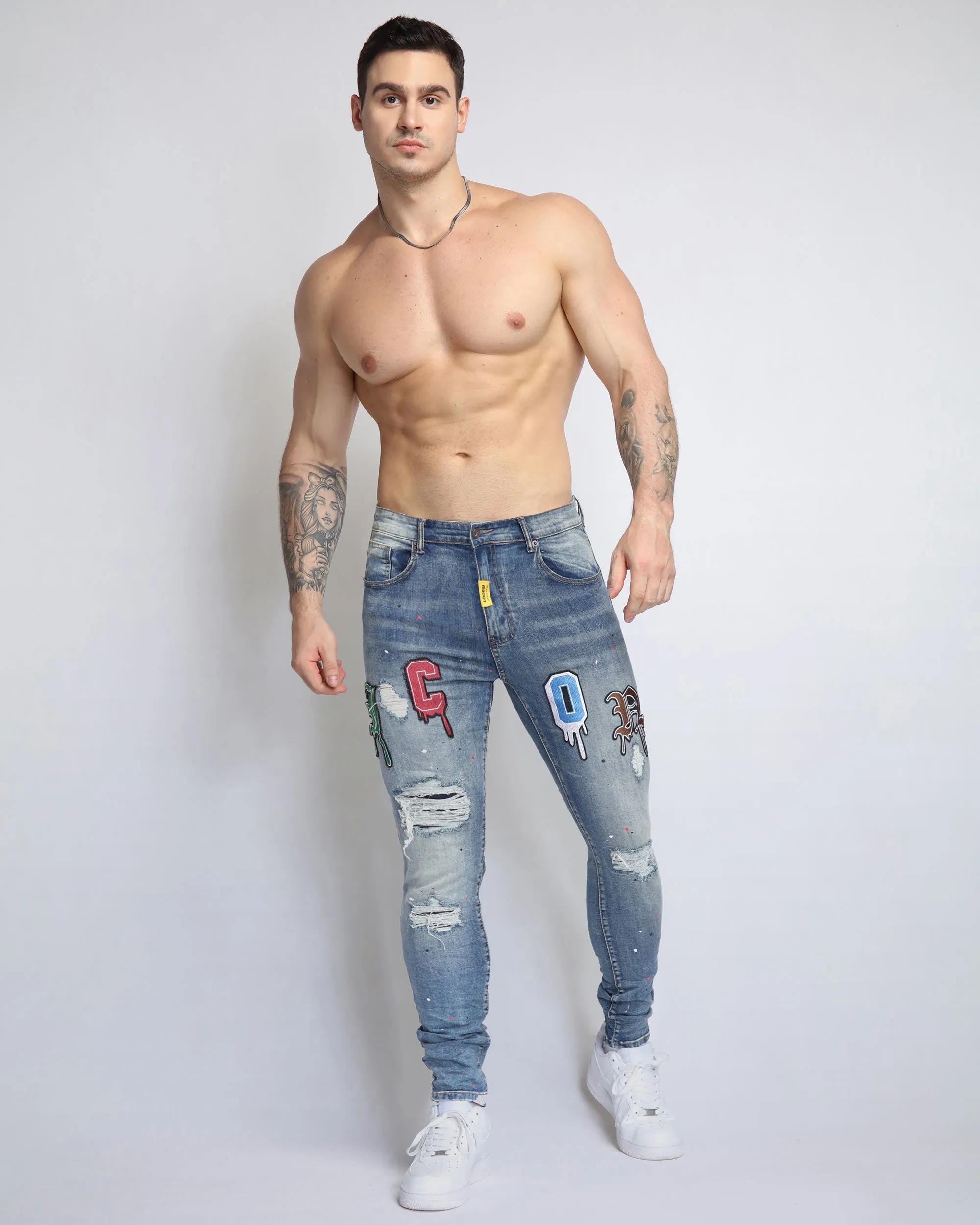 Slim Fit Blue Ripped Jeans with Patches-Mexico Local Delivery