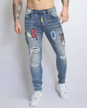 Slim Fit Blue Ripped Jeans with Patches-Mexico Local Delivery