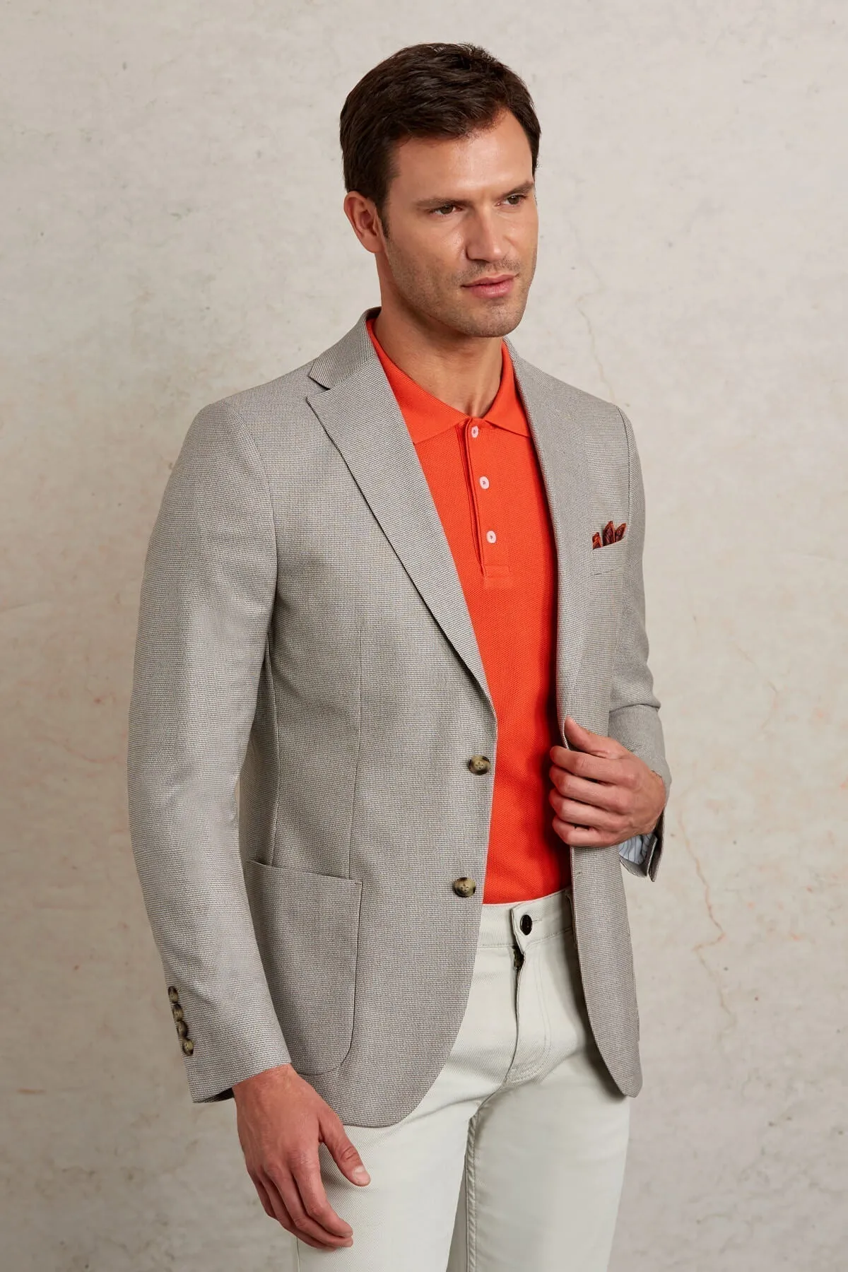 Slim Fit Notch Lapel Textured Beige Casual Blazer
