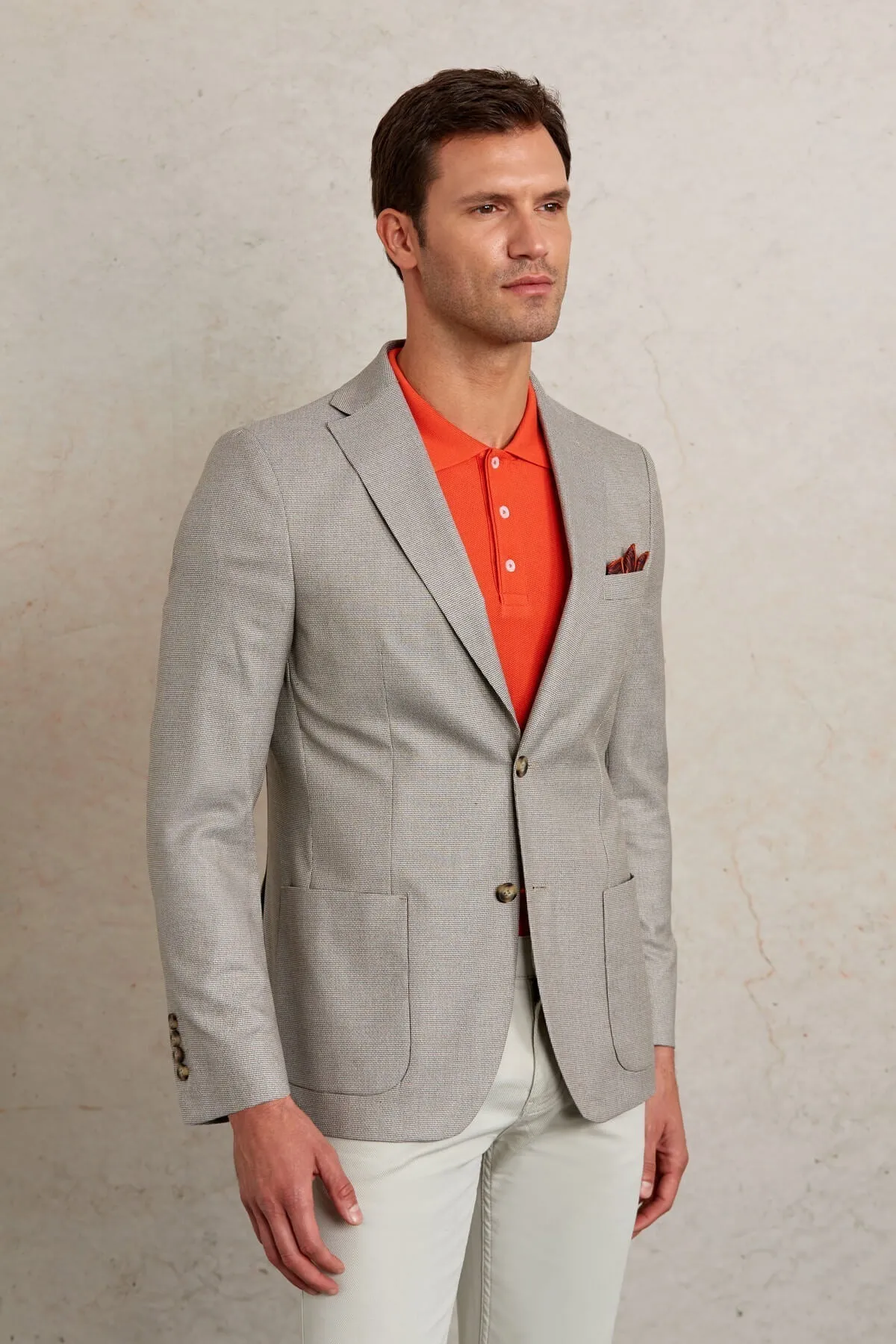 Slim Fit Notch Lapel Textured Beige Casual Blazer
