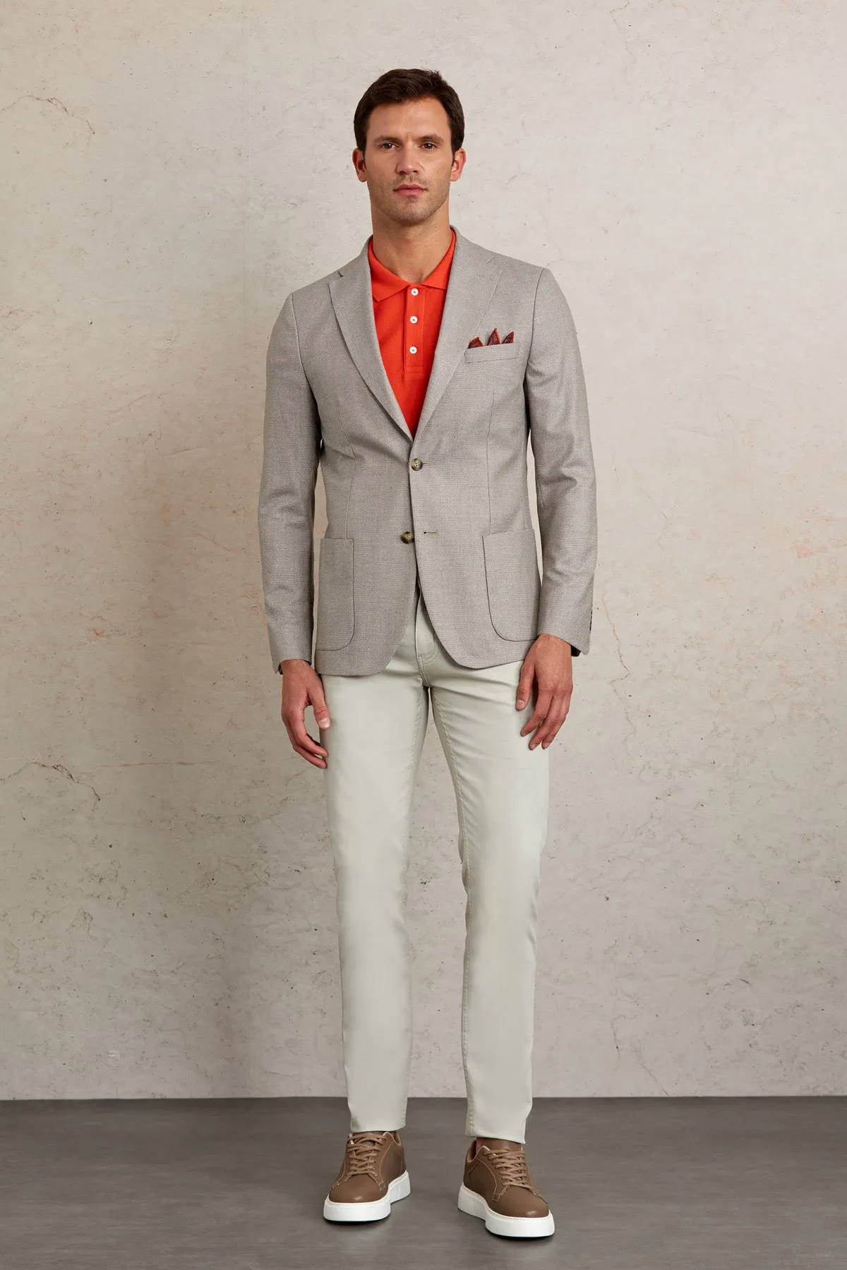 Slim Fit Notch Lapel Textured Beige Casual Blazer
