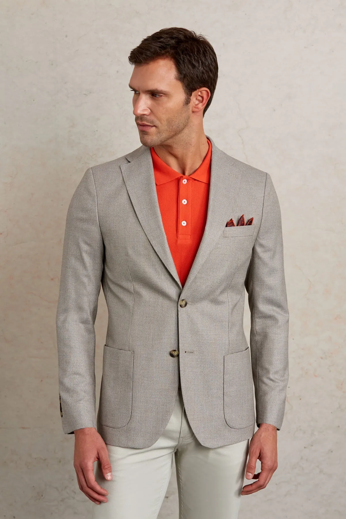 Slim Fit Notch Lapel Textured Beige Casual Blazer