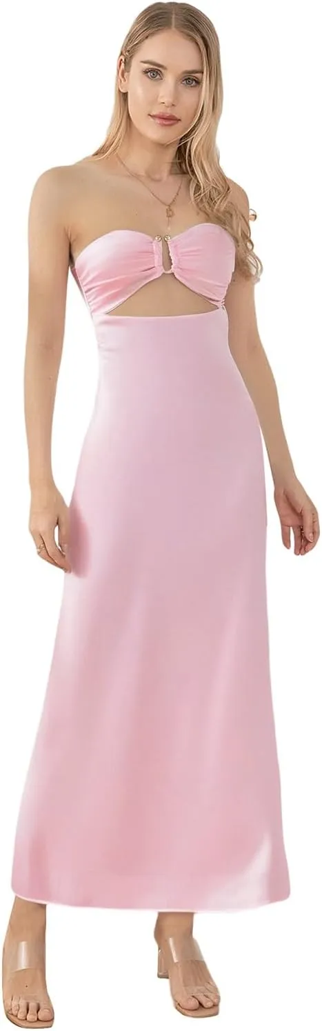 SOLILOQUY Women Strapless Maxi Dress Sexy Bow Tie Back Cut Out Front Patchwork Floral Print Maxi Skirt Beach Vacation