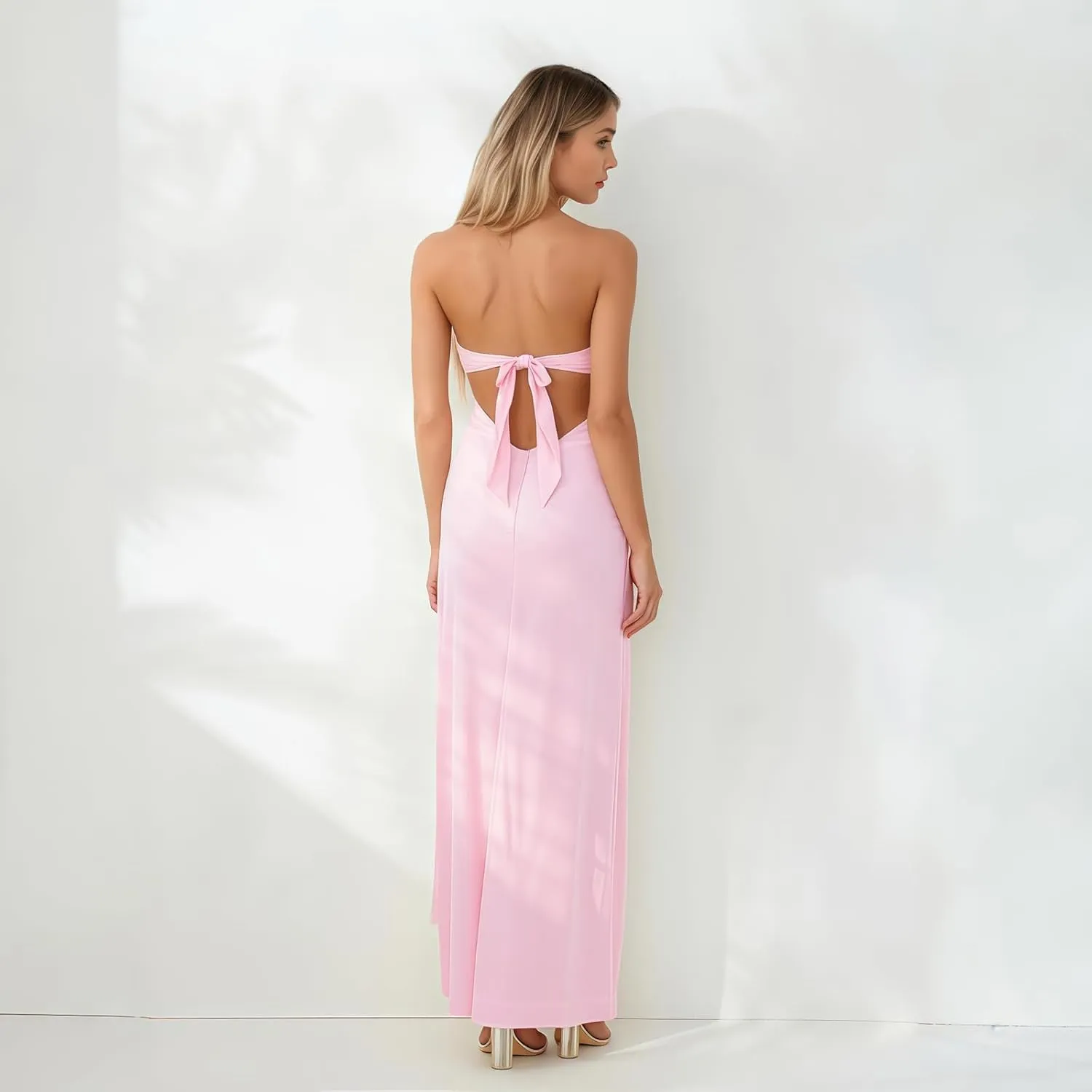 SOLILOQUY Women Strapless Maxi Dress Sexy Bow Tie Back Cut Out Front Patchwork Floral Print Maxi Skirt Beach Vacation