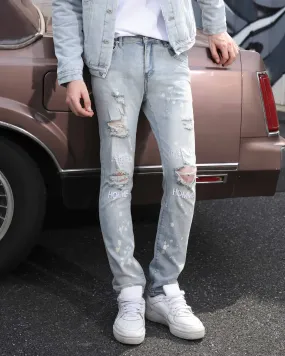 Spray Painted Light Blue Ripped Jeans with Text Embroidery-Mexico Local Delivery