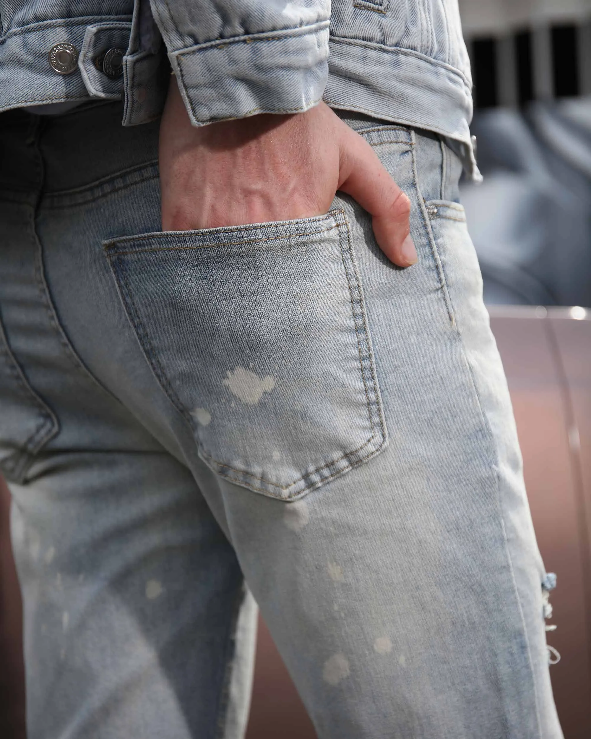 Spray Painted Light Blue Ripped Jeans with Text Embroidery-Mexico Local Delivery